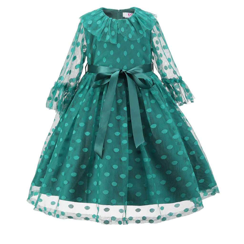 Green Polka Organza Satin Bow Dress