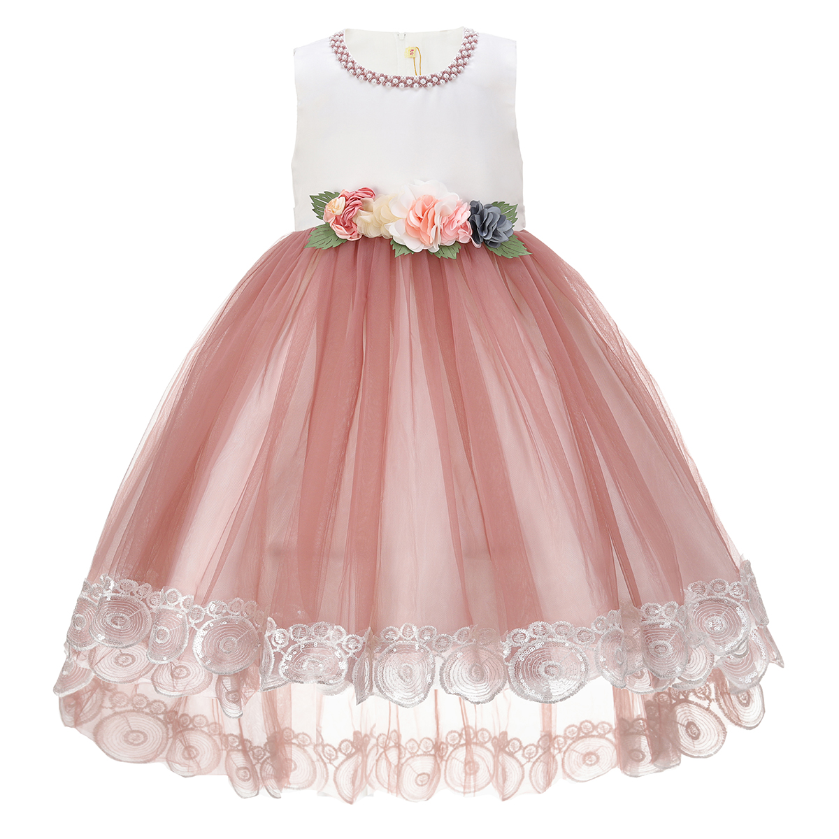 White & D/Pink Floral Applique Dress