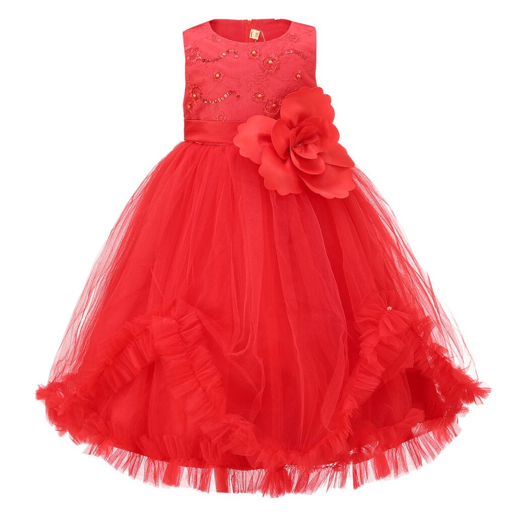 Red Floral Sash Ruffle Sleeveless Dress