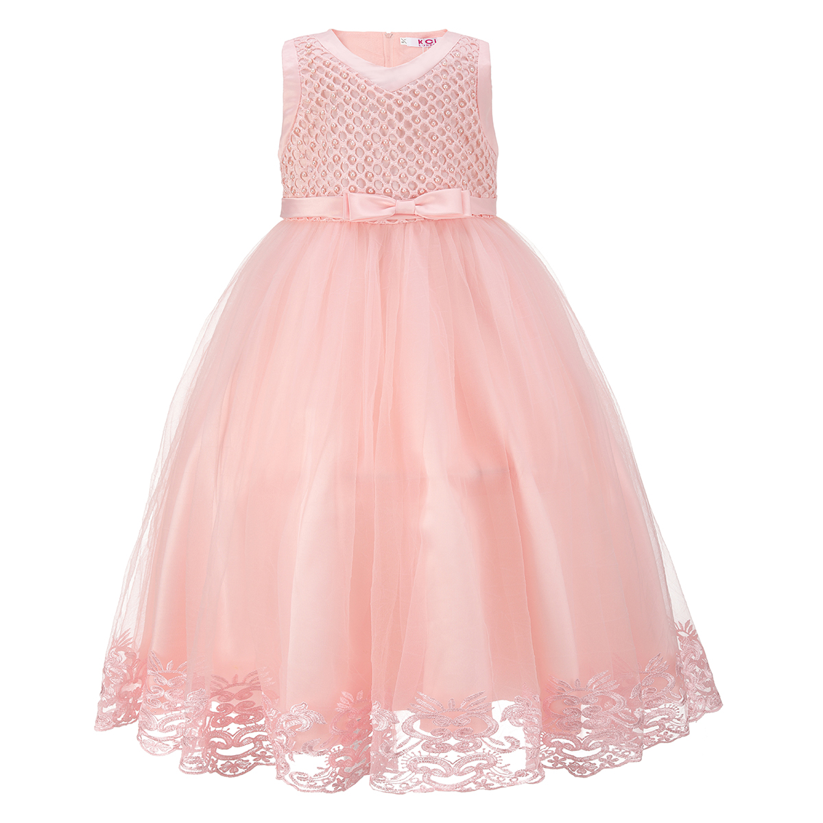 Peach Pearl Embellished Laced Dress