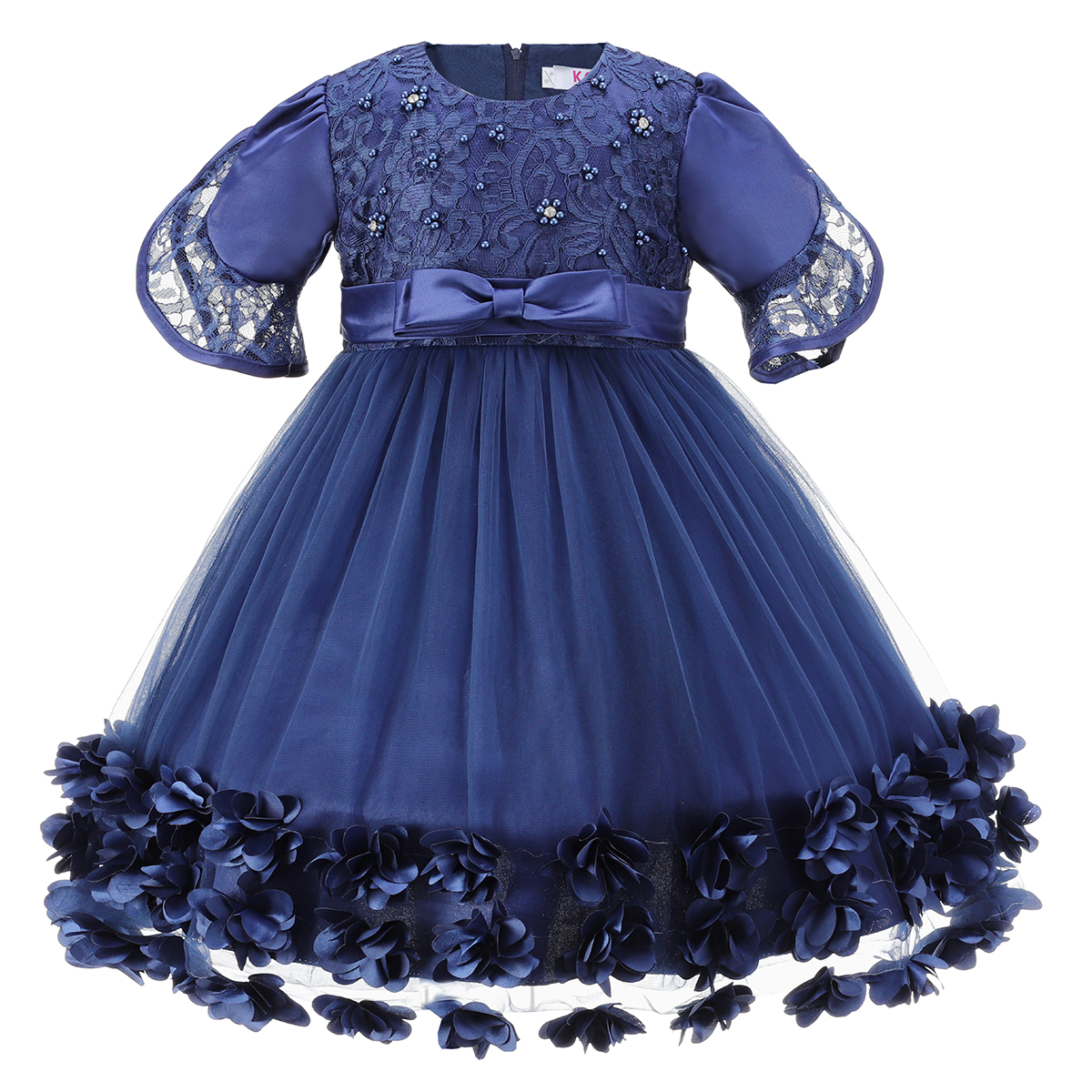Navy Laced Floral Applique Bow Dress