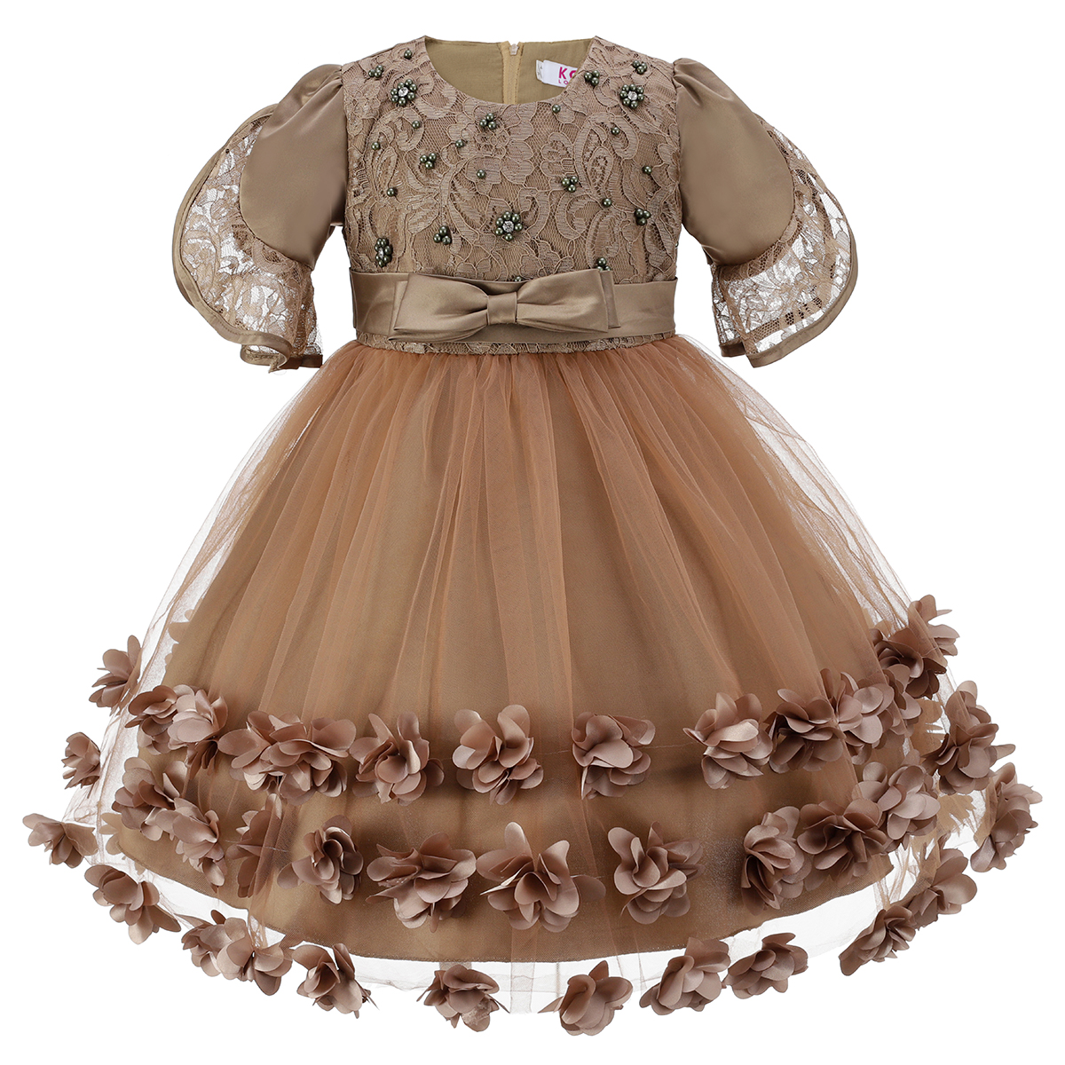 Coffee Laced Floral Applique Bow Dress