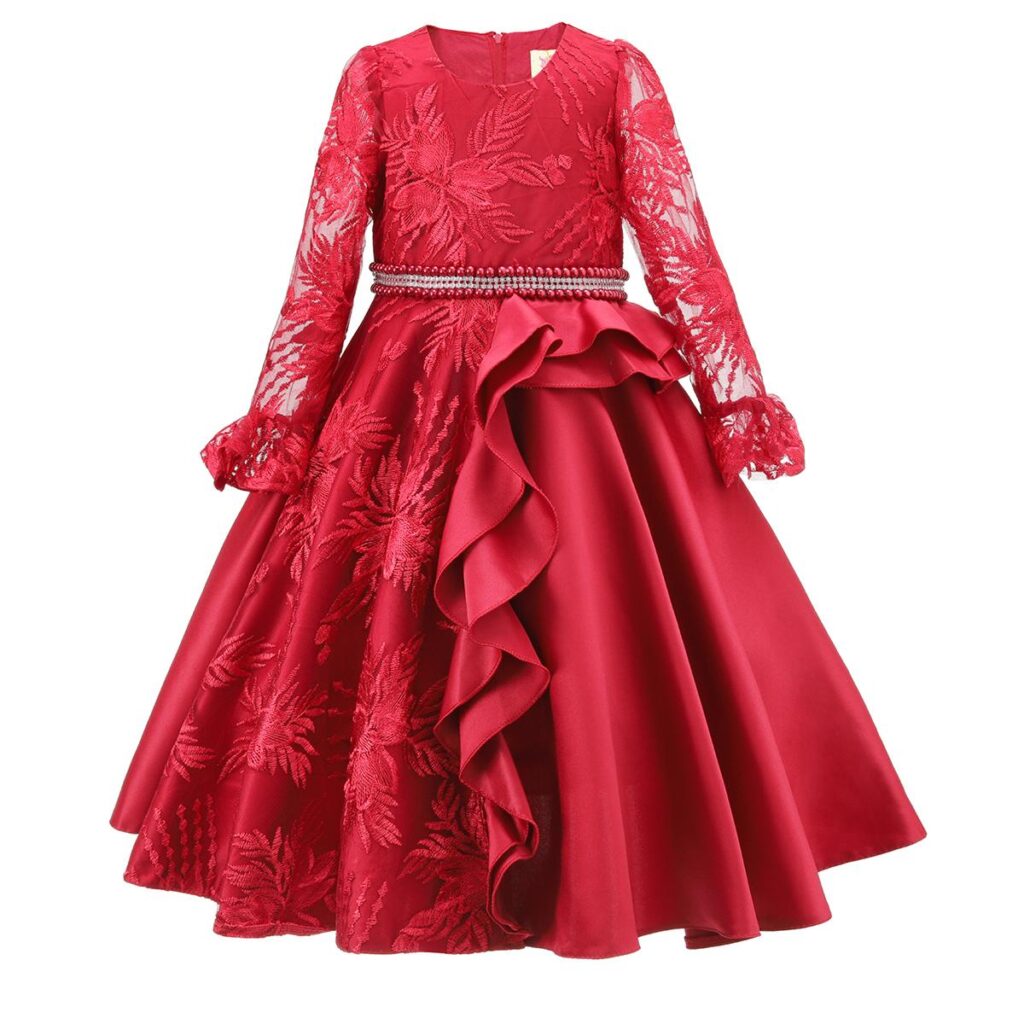 Red Long Sleeve Asymmetric Waterfall Dress