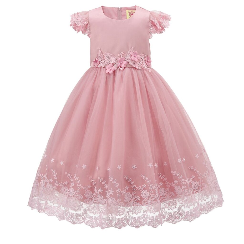 Rose Pink Taupe Floral Lace Organza Dress