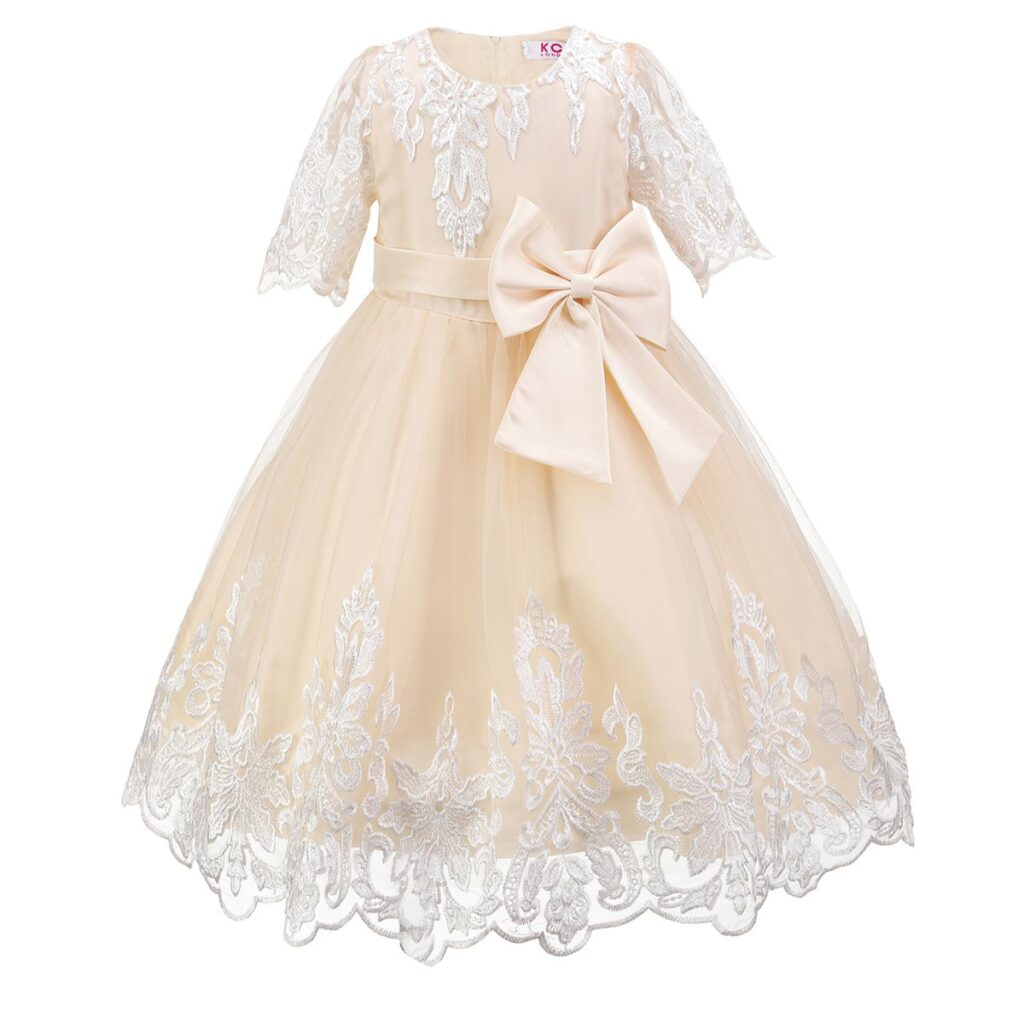 Cream Embroidered Overlay Bow Dress