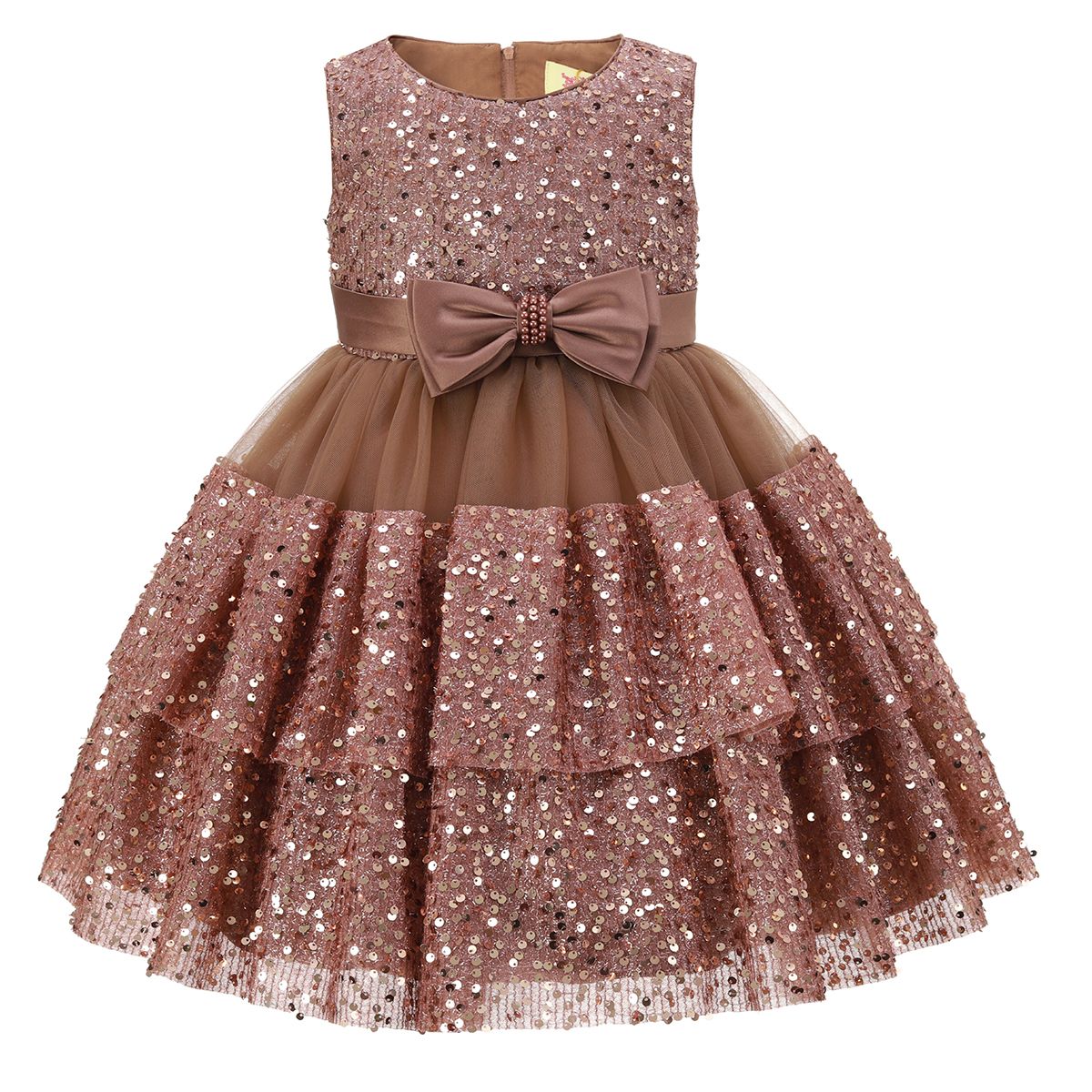 Brown Layered Sequin Overlay Bow Dress