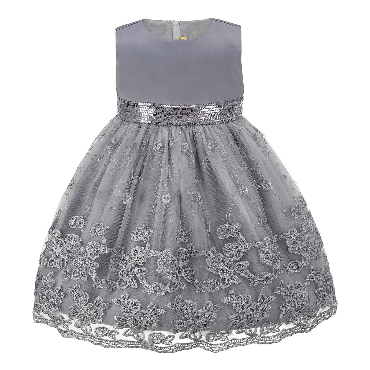Gray Embroidered Ruffle Dress
