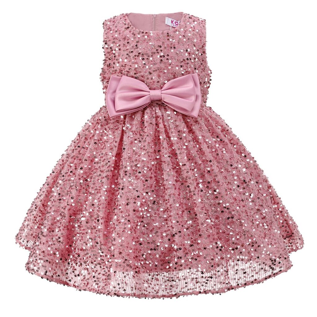 Rose Pink Sequin Overlay Bow Dress