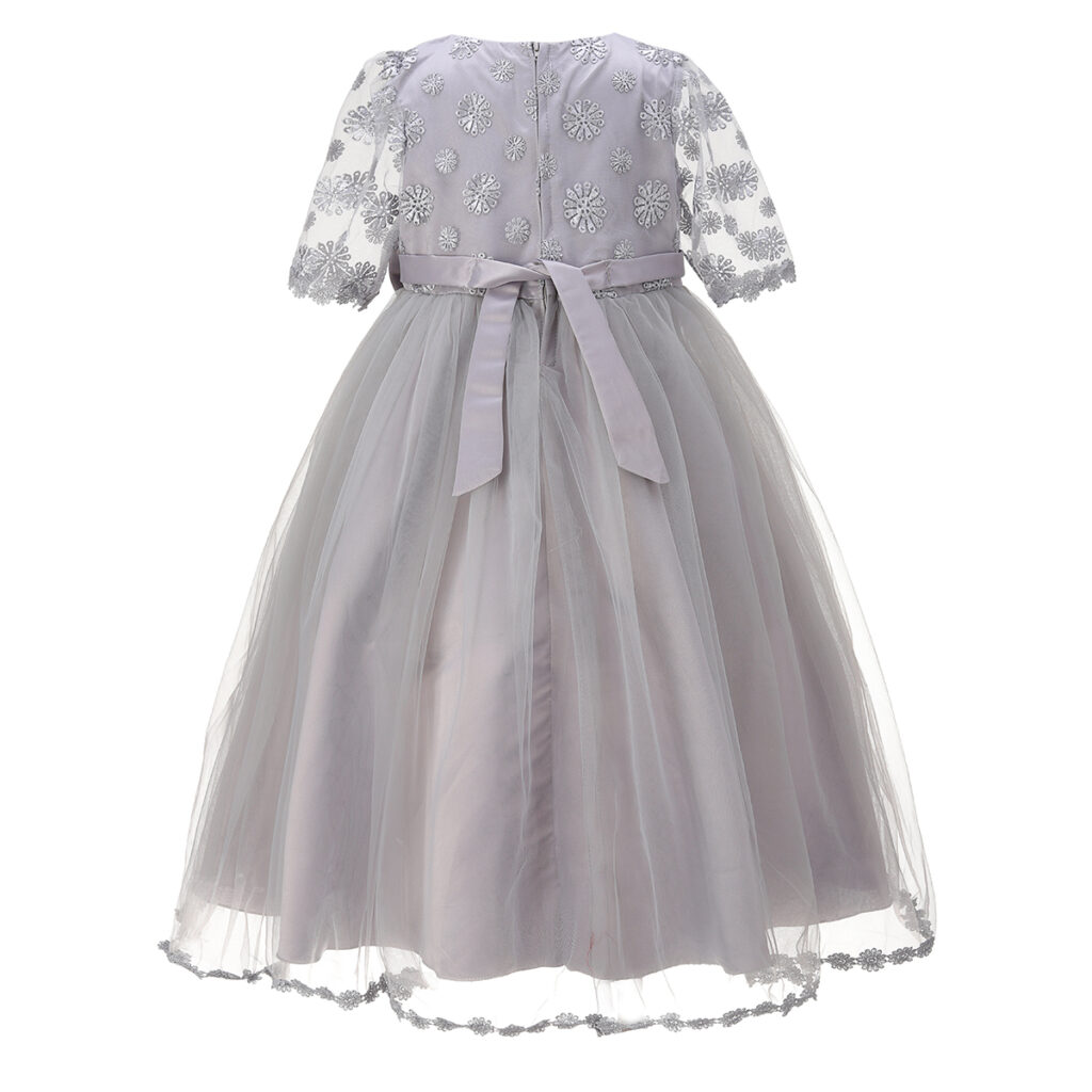 Grey Floral Satin Bow Overlay Dress