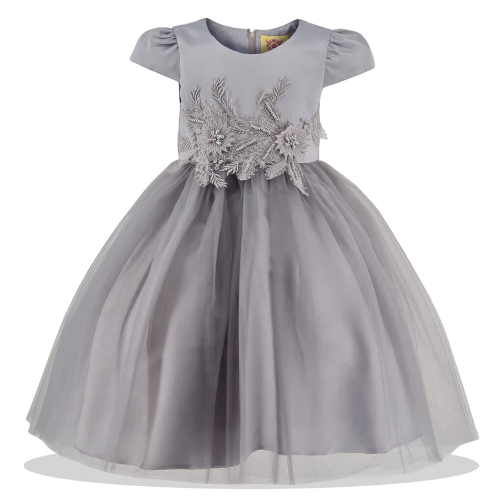 Grey Embroidery Flower Girl Dress