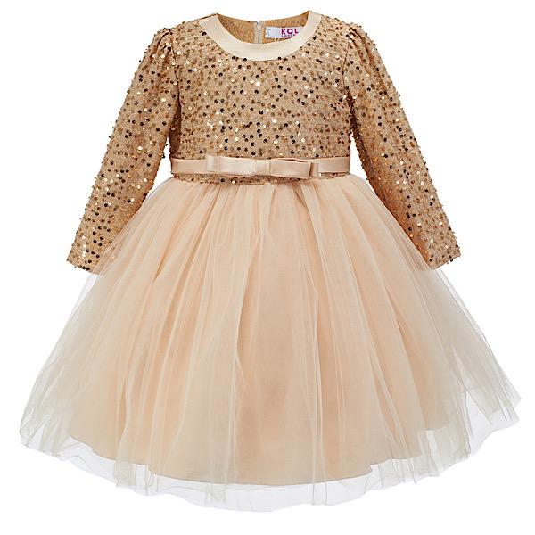 Gold L.Sleeves Sequins Tulle Dress