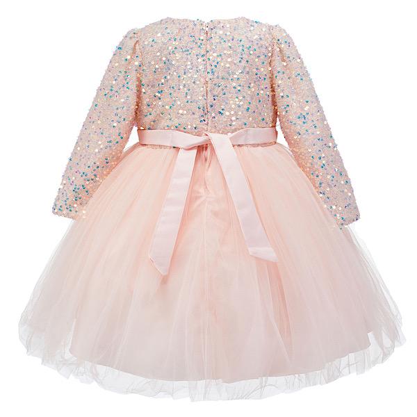 Peach L.Sleeves Sequins Tulle Dress