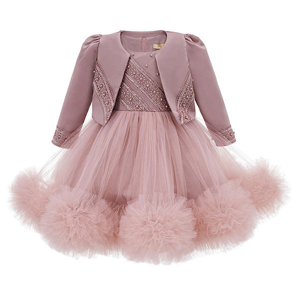Dusty Pink Sequenced Ruffle Organza Dress & Jacket